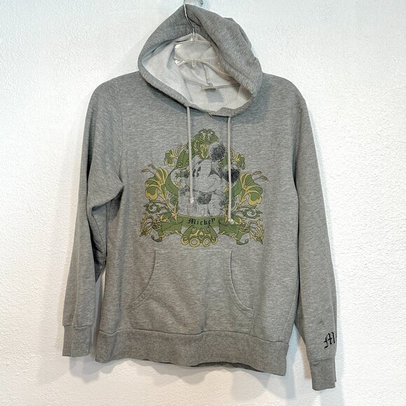 Womens Mickey Mouse Pullover Hoodie Sweatshirt Gray Front and Sleeve Graphic MED - Picture 1 of 7